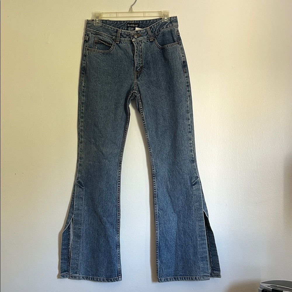 Vintage Y2K Bebe Mid Rise Medium Blue Flare Leg Jeans with Slits Size 6